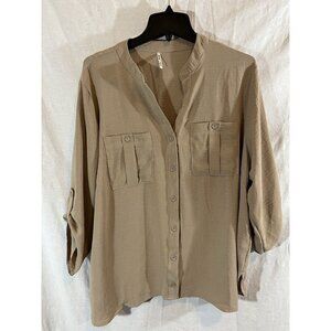 3rd & Malt Women’s 2X Khaki Rolled Sleeve Button Up Blouse